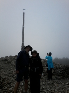 At Cruce de Ferro in the fog! Highest point of the journey.